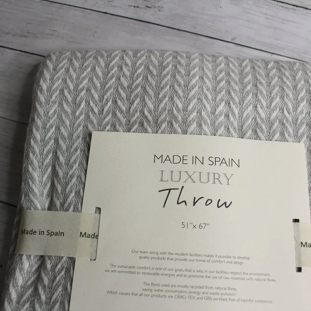 Made in Spain Throw Blanket Gray Off White Herringbone with Fringe Cotton Blend
